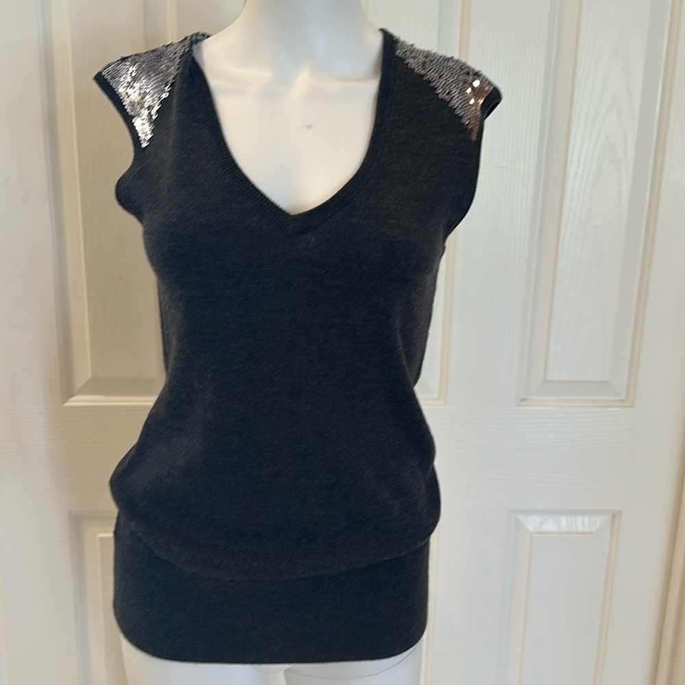Wool Trina Turk gray sweater top vest with sparkle shoulders size small